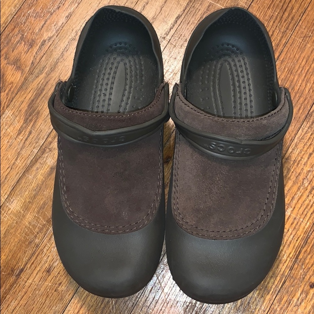Brown leather crocs women’s size 12 men’s size 11